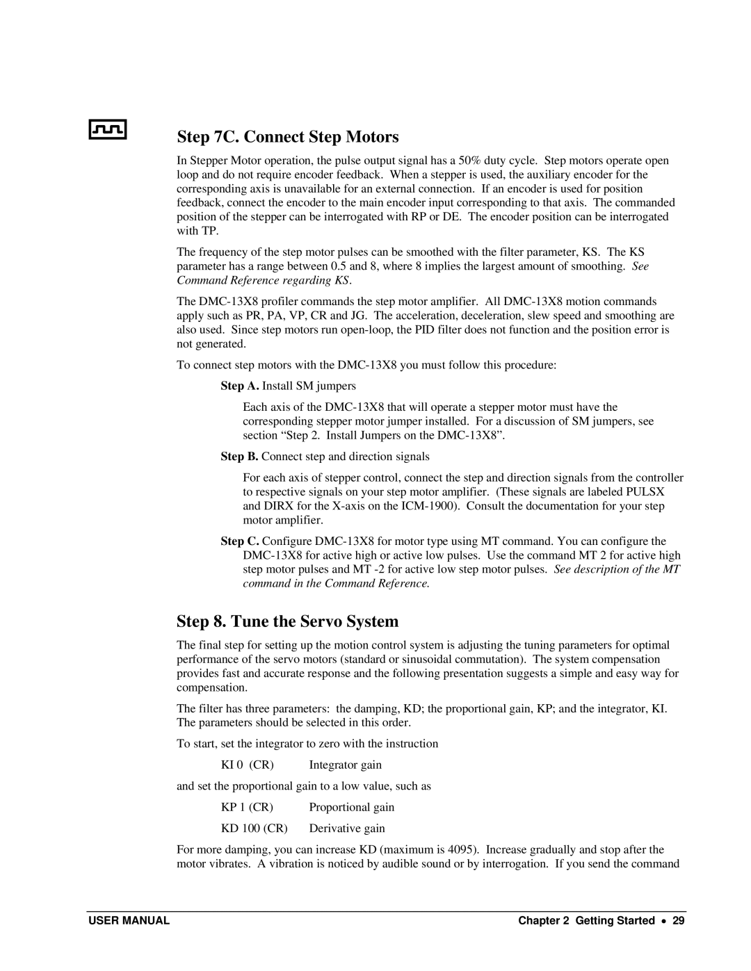 Galil DMC-13X8 user manual Connect Step Motors, Tune the Servo System 