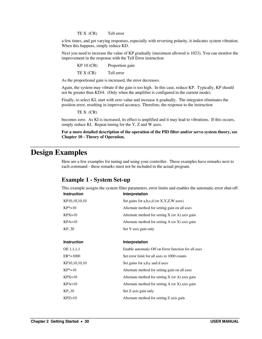 Galil DMC-13X8 Design Examples, Example 1 System Set-up, Te X Cr, InstructionInterpretation, Instruction Interpretation 