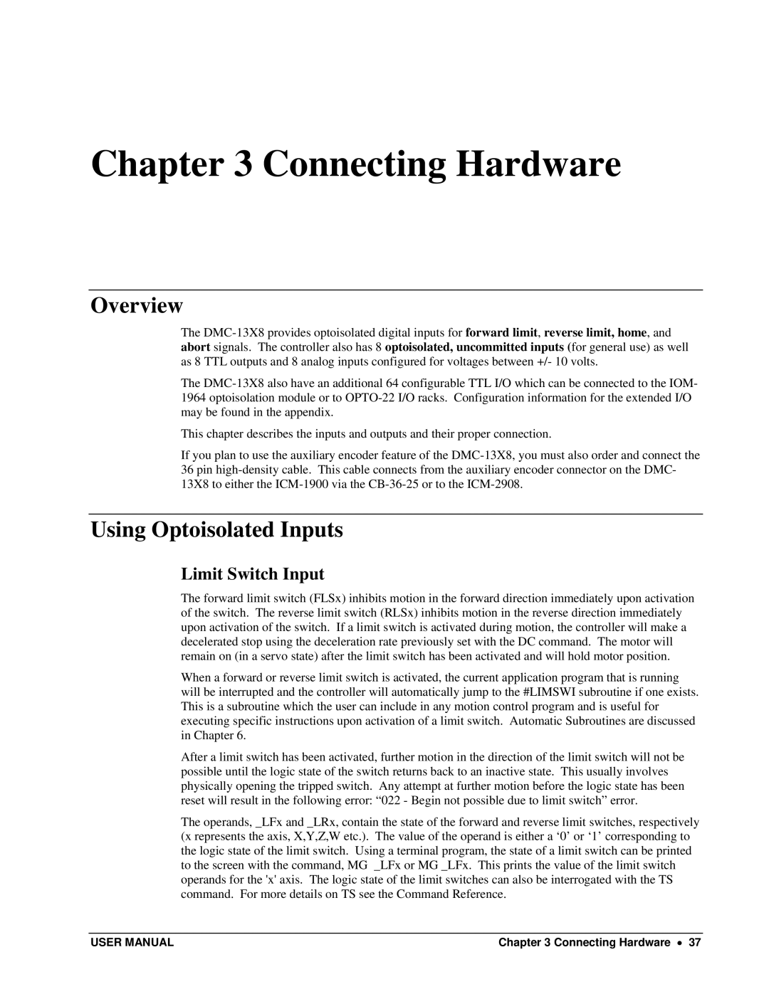 Galil DMC-13X8 user manual Overview, Using Optoisolated Inputs, Limit Switch Input, Connecting Hardware 