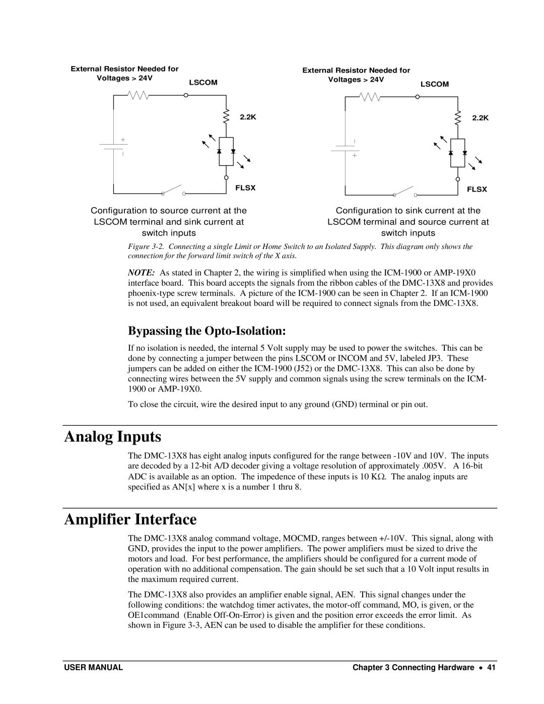 Galil DMC-13X8 user manual Analog Inputs, Amplifier Interface, Bypassing the Opto-Isolation 