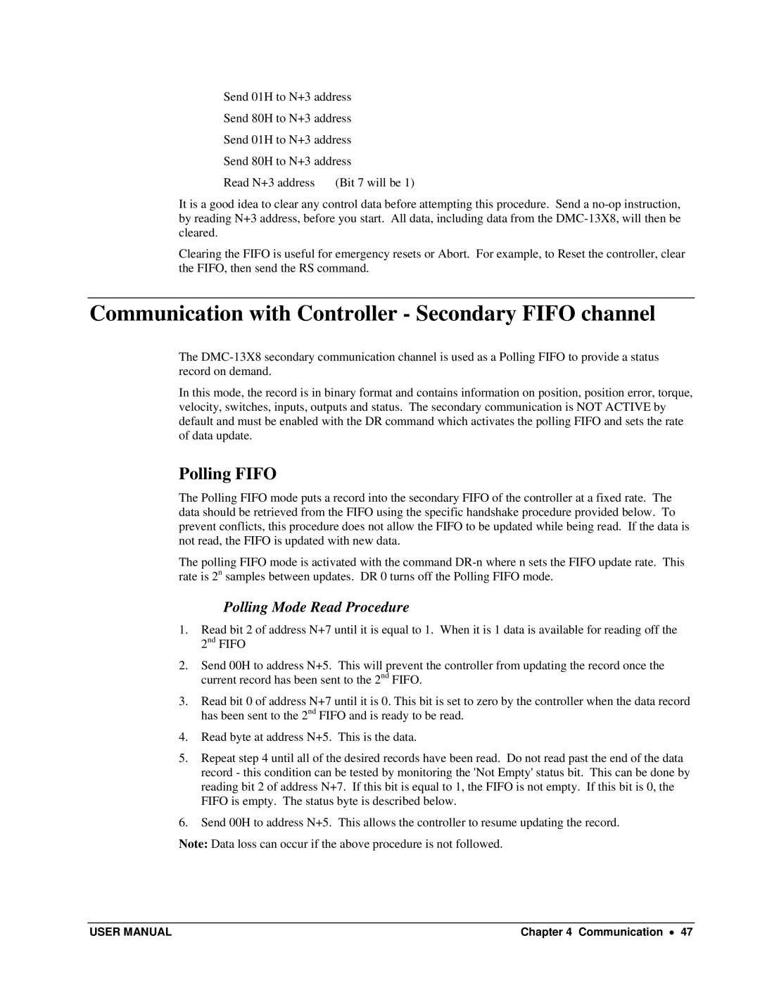 Galil DMC-13X8 user manual Communication with Controller Secondary Fifo channel, Polling Fifo, Polling Mode Read Procedure 