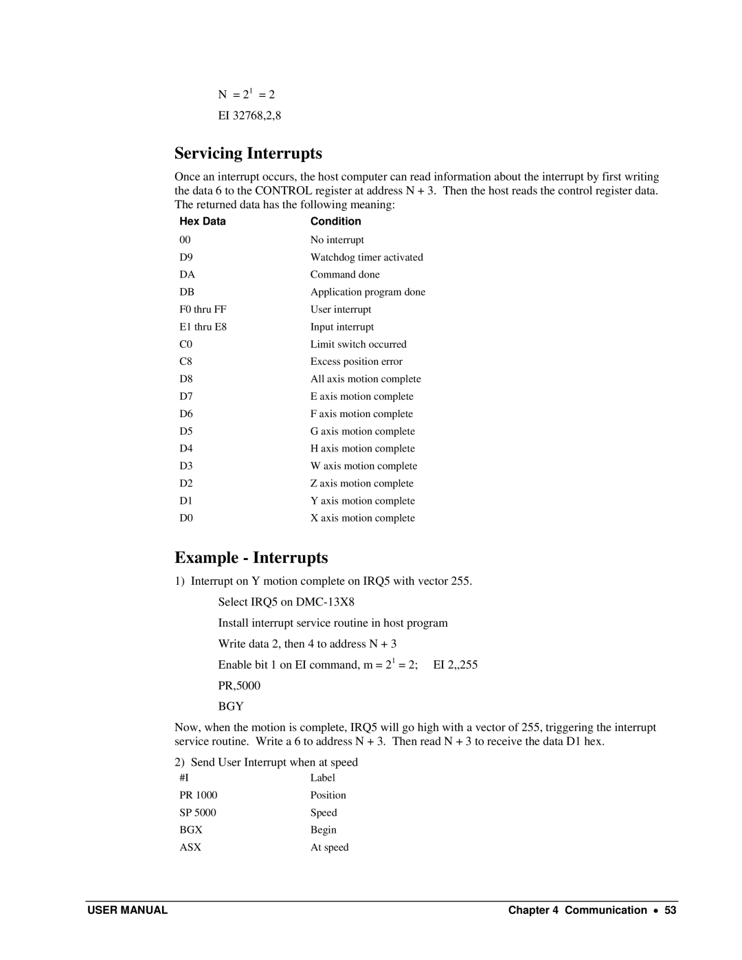 Galil DMC-13X8 user manual Servicing Interrupts, Example Interrupts, Bgy, Hex Data Condition, Asx 