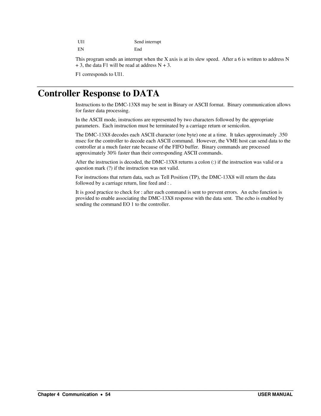 Galil DMC-13X8 user manual Controller Response to Data, UI1 