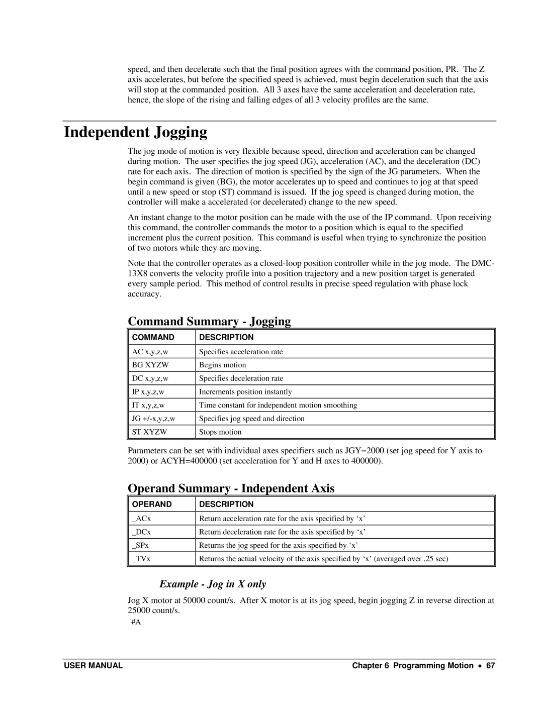 Galil DMC-13X8 user manual Independent Jogging, Command Summary Jogging, Example Jog in X only 