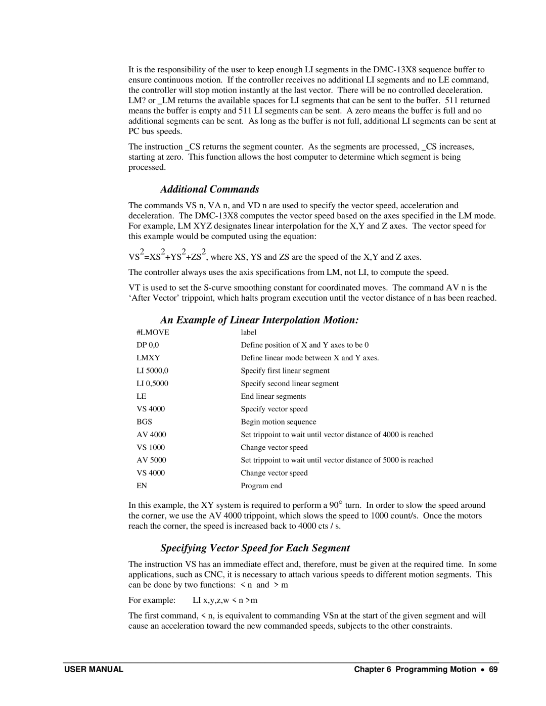 Galil DMC-13X8 Additional Commands, An Example of Linear Interpolation Motion, Specifying Vector Speed for Each Segment 