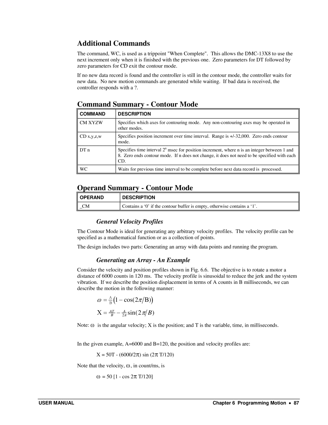 Galil DMC-13X8 user manual Command Summary Contour Mode, Operand Summary Contour Mode, General Velocity Profiles, CM Xyzw 