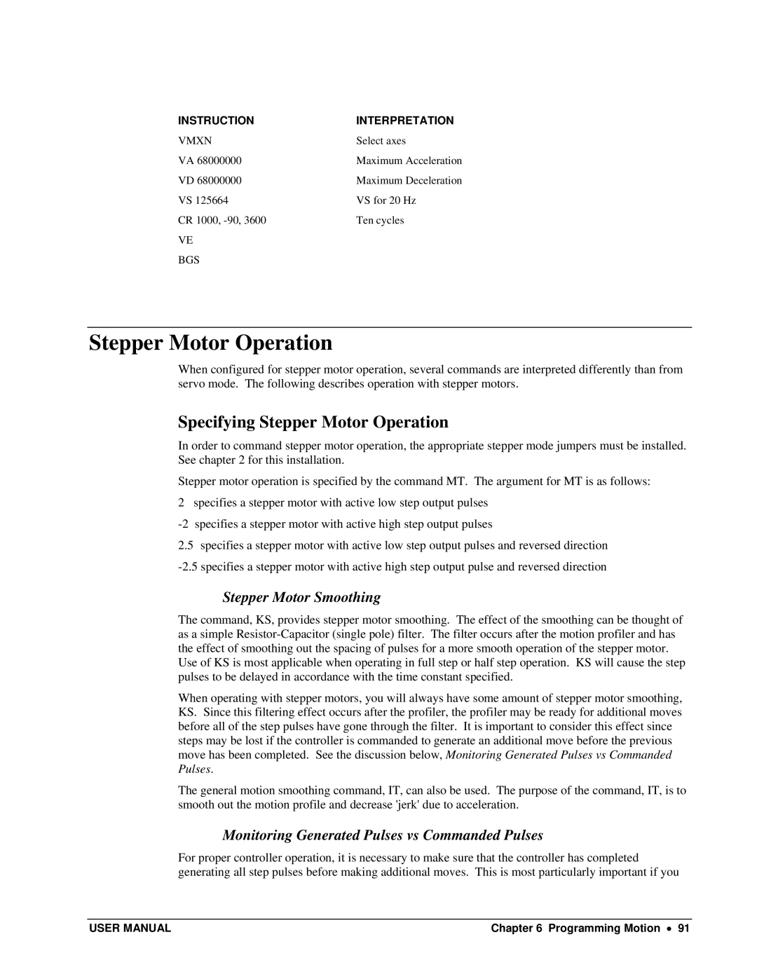 Galil DMC-13X8 user manual Specifying Stepper Motor Operation, Stepper Motor Smoothing, Vmxn 