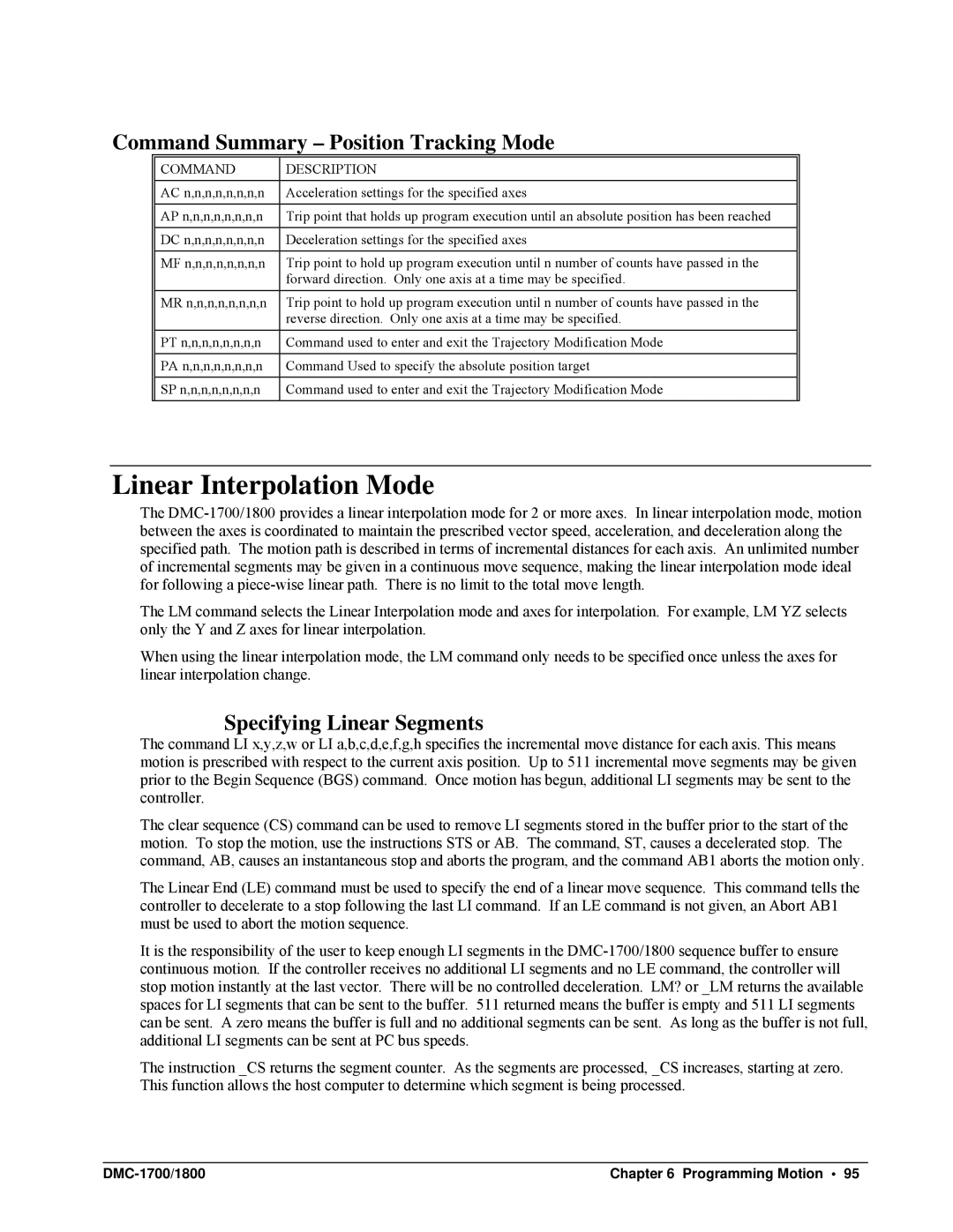 Galil DMC-1700, DMC-1800 Linear Interpolation Mode, Command Summary Position Tracking Mode, Specifying Linear Segments 