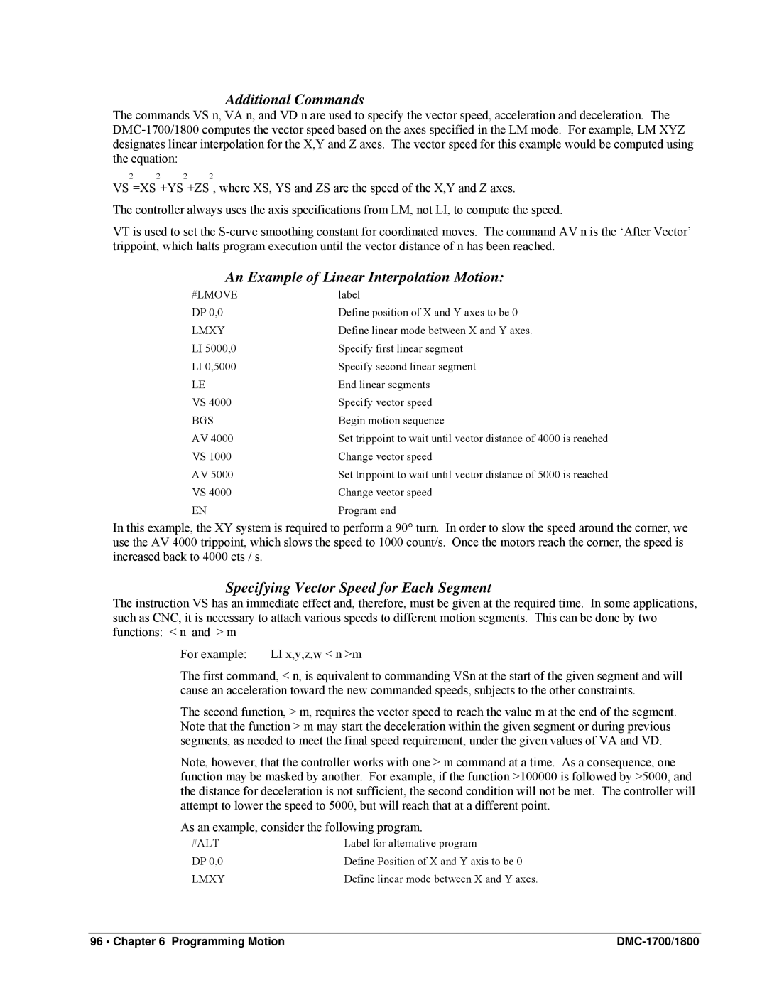 Galil DMC-1800 Additional Commands, An Example of Linear Interpolation Motion, Specifying Vector Speed for Each Segment 