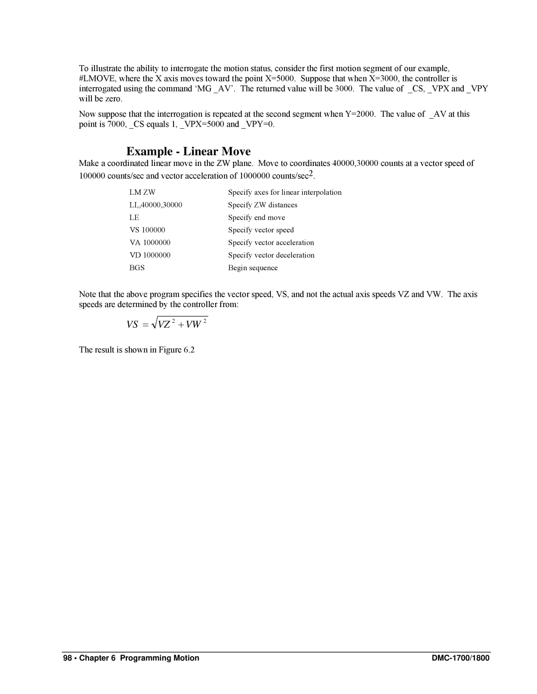 Galil DMC-1800, DMC-1700 user manual Example Linear Move, Lm Zw 