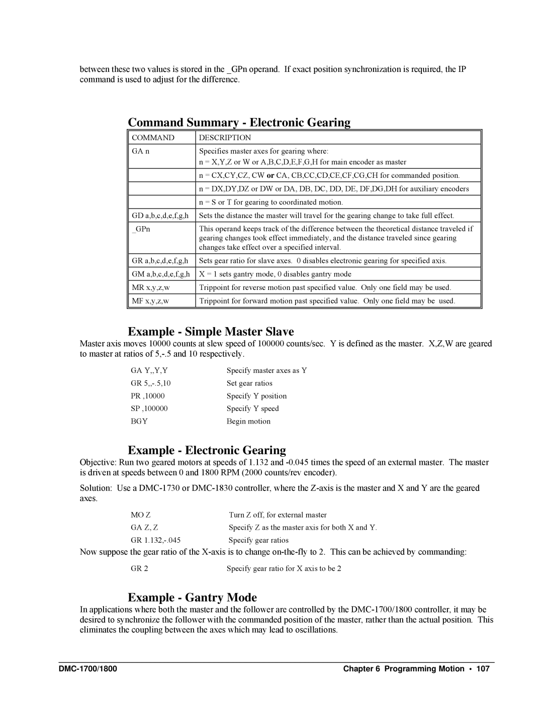 Galil DMC-1700 Command Summary Electronic Gearing, Example Simple Master Slave, Example Electronic Gearing, Ga Y,,Y,Y 