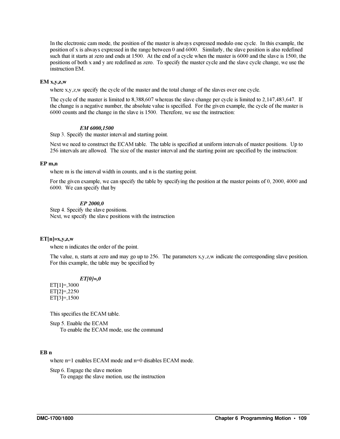 Galil DMC-1700, DMC-1800 user manual EM 6000,1500, EP 2000,0, ET0=,0 