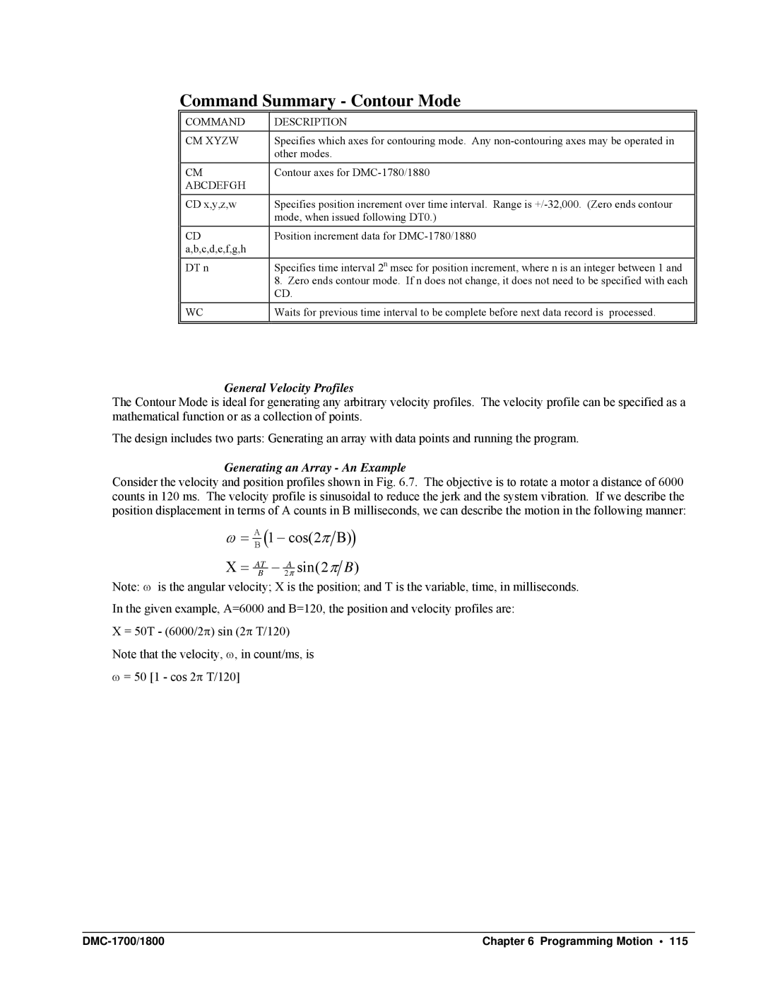 Galil DMC-1700, DMC-1800 user manual Command Summary Contour Mode, General Velocity Profiles, Generating an Array An Example 