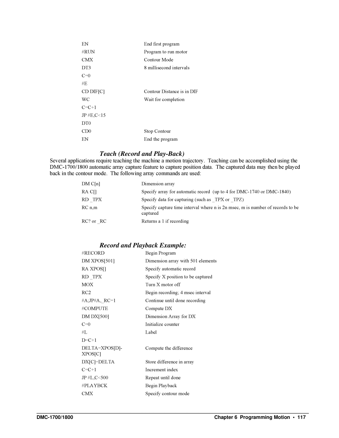 Galil DMC-1700, DMC-1800 user manual Teach Record and Play-Back, Record and Playback Example 