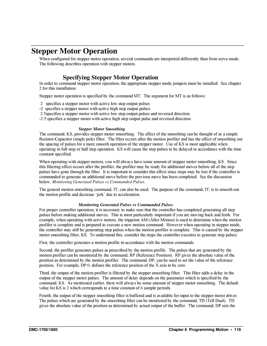 Galil DMC-1700, DMC-1800 user manual Specifying Stepper Motor Operation, Stepper Motor Smoothing 