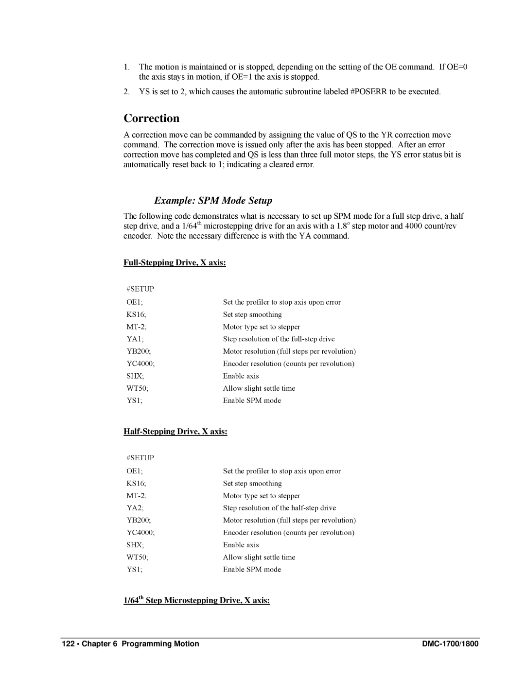 Galil DMC-1800, DMC-1700 Correction, Example SPM Mode Setup, Full-Stepping Drive, X axis, Half-Stepping Drive, X axis 