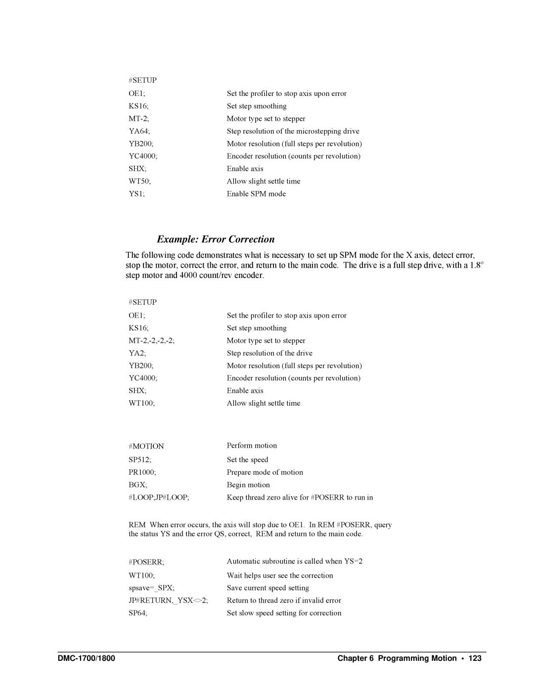 Galil DMC-1700, DMC-1800 user manual Example Error Correction, #Motion, #Loopjp#Loop, #Poserr, JP#RETURN,YSX2 