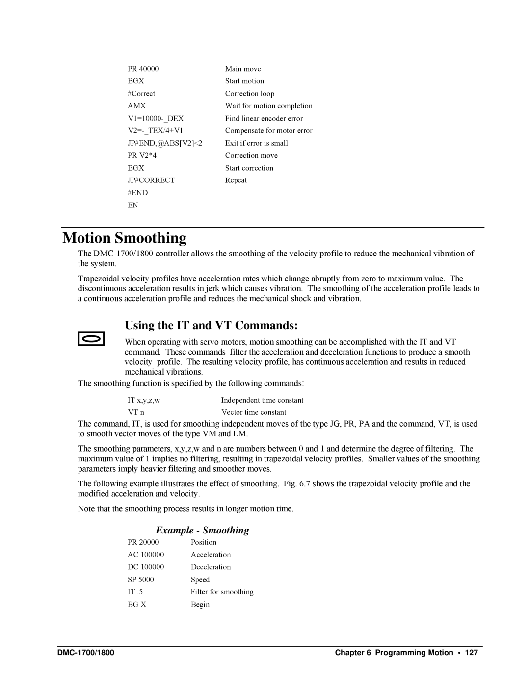 Galil DMC-1700, DMC-1800 Motion Smoothing, Using the IT and VT Commands, Example Smoothing, JP#END,@ABSV22, Jp#Correct 