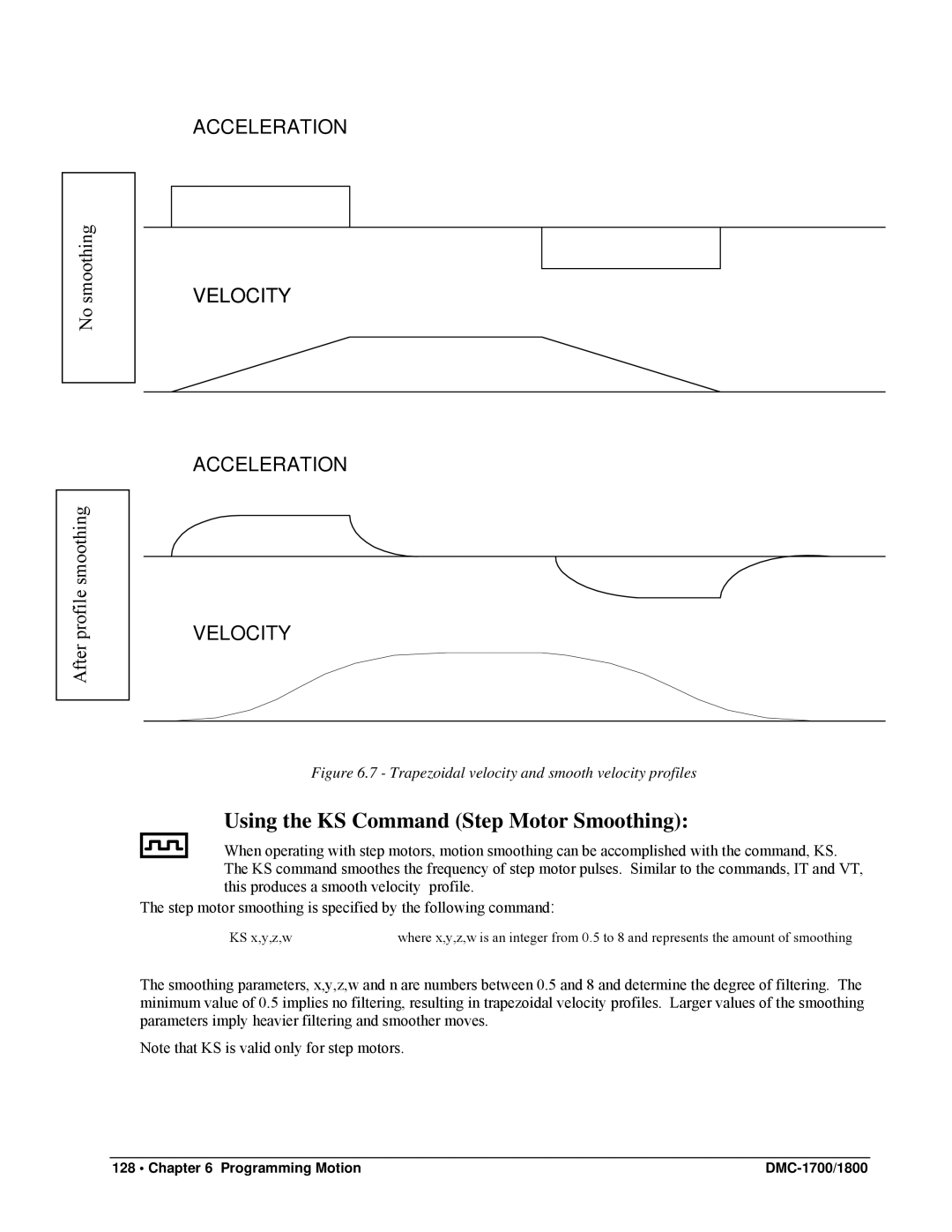 Galil DMC-1800, DMC-1700 Using the KS Command Step Motor Smoothing, Trapezoidal velocity and smooth velocity profiles 