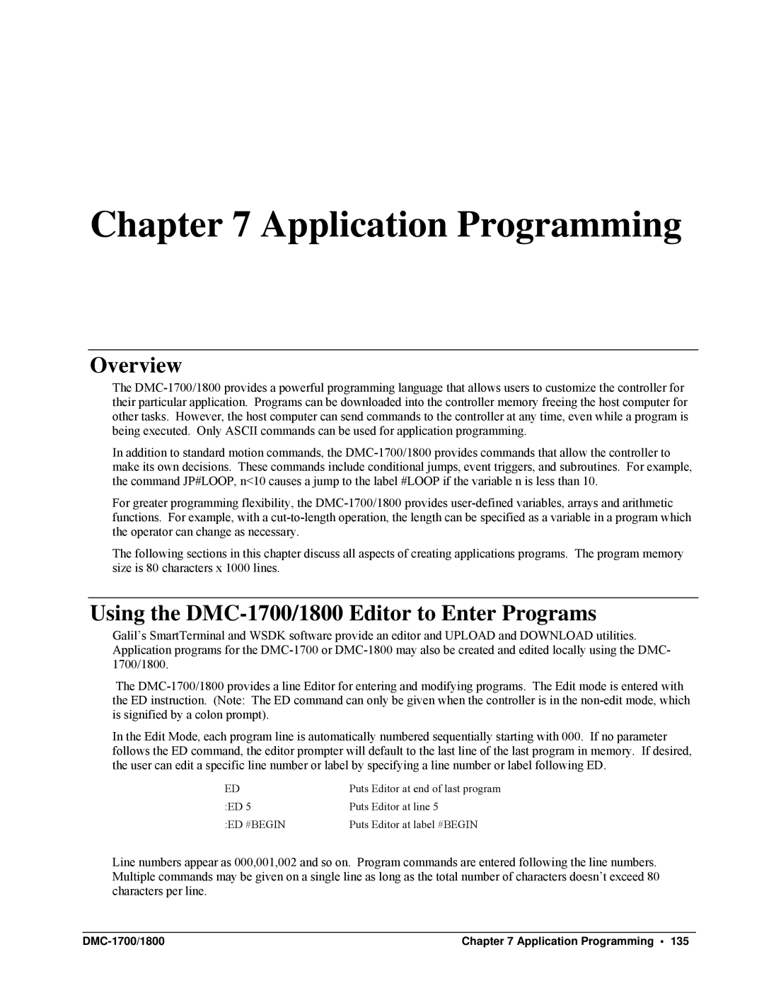 Galil DMC-1800 Using the DMC-1700/1800 Editor to Enter Programs, Ed #Begin, DMC-1700/1800 Application Programming 