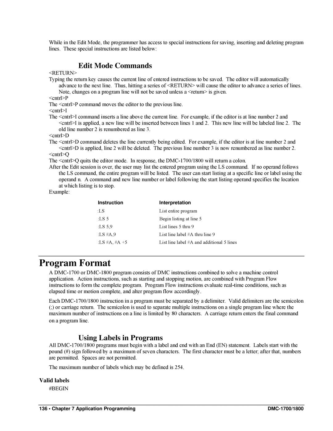 Galil DMC-1800, DMC-1700 user manual Program Format, Edit Mode Commands, Using Labels in Programs 