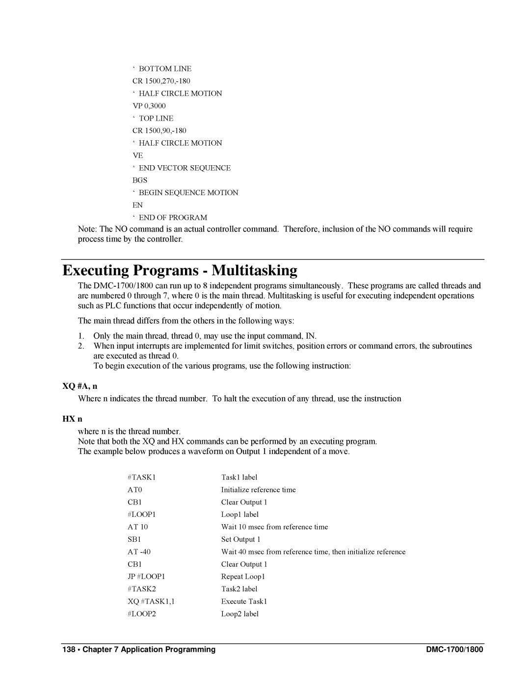 Galil DMC-1800, DMC-1700 user manual Executing Programs Multitasking, XQ #A, n, HX n 