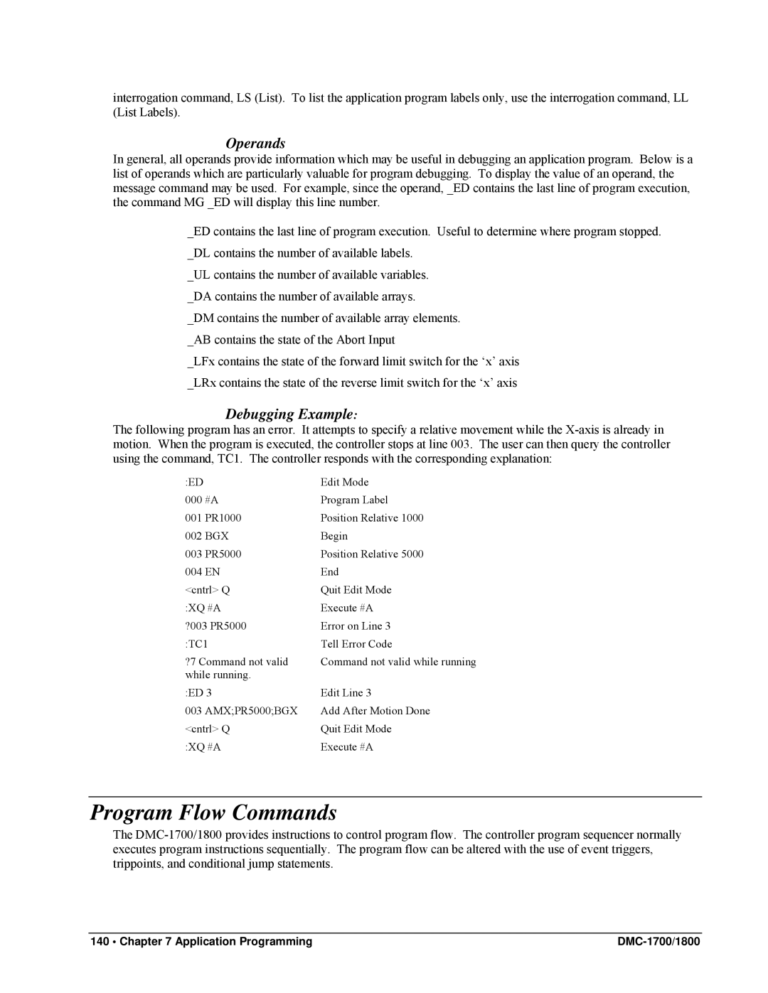 Galil DMC-1800, DMC-1700 user manual Program Flow Commands, Operands, Debugging Example 