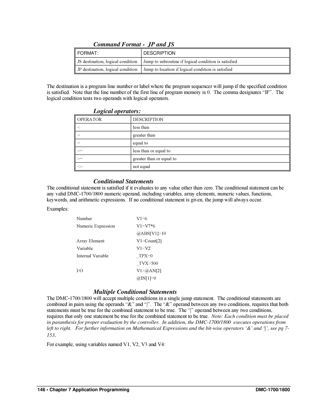 Galil DMC-1800 Command Format JP and JS, Logical operators, Multiple Conditional Statements, Operator Description 