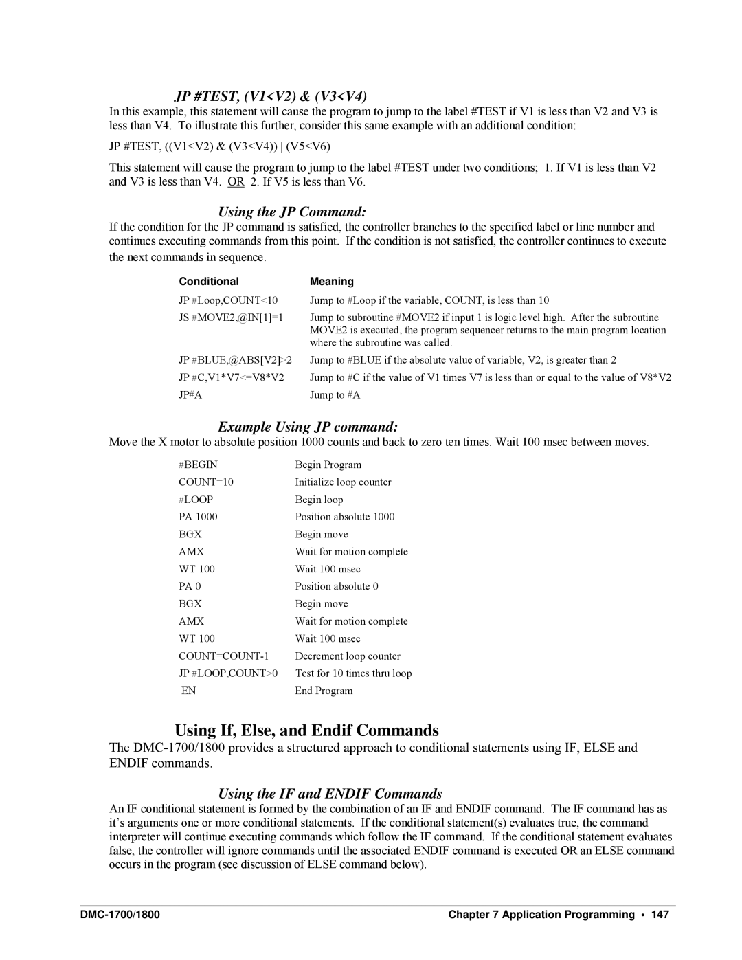 Galil DMC-1700 Using If, Else, and Endif Commands, JP #TEST, V1V2, Using the JP Command, Example Using JP command 