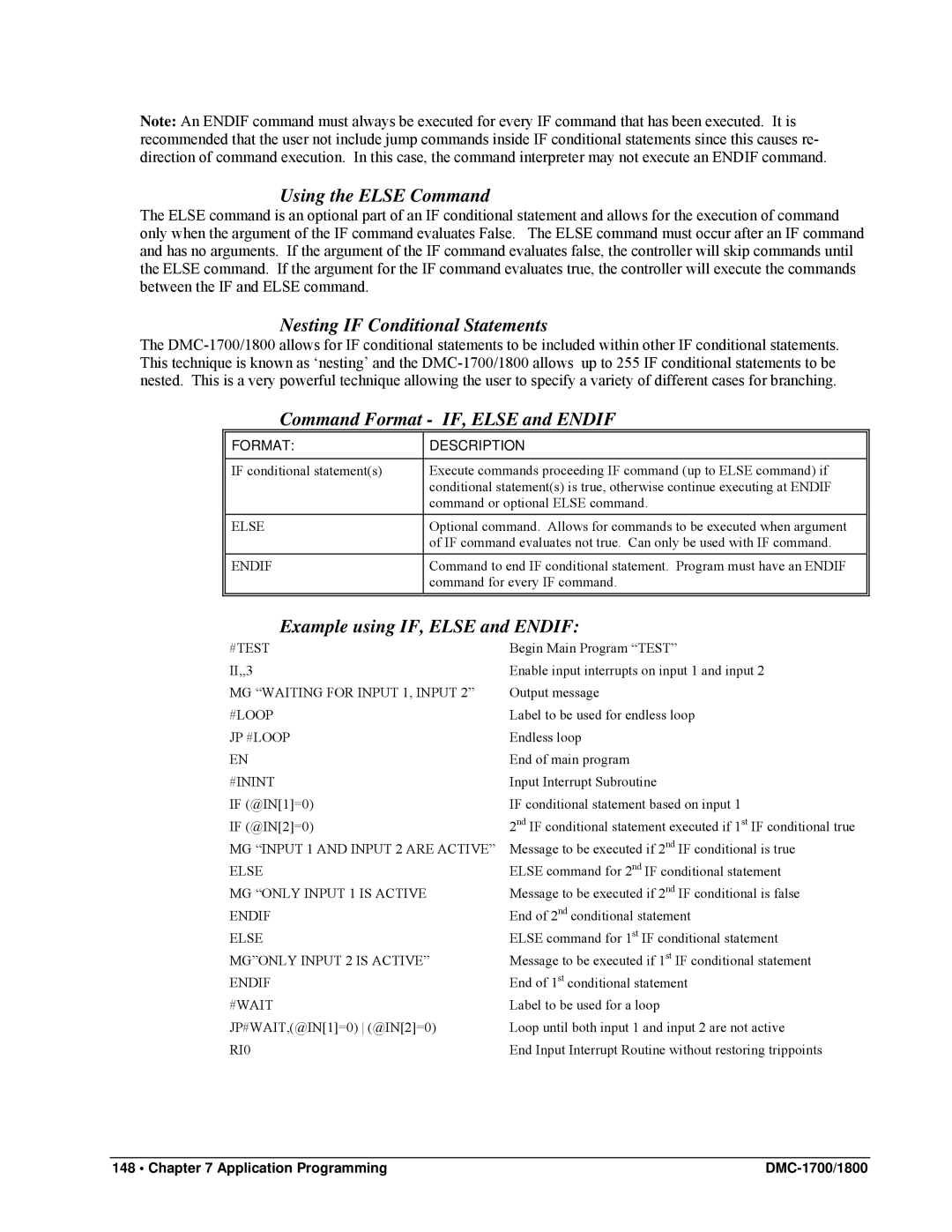 Galil DMC-1800, DMC-1700 Using the Else Command, Nesting if Conditional Statements, Command Format IF, Else and Endif 