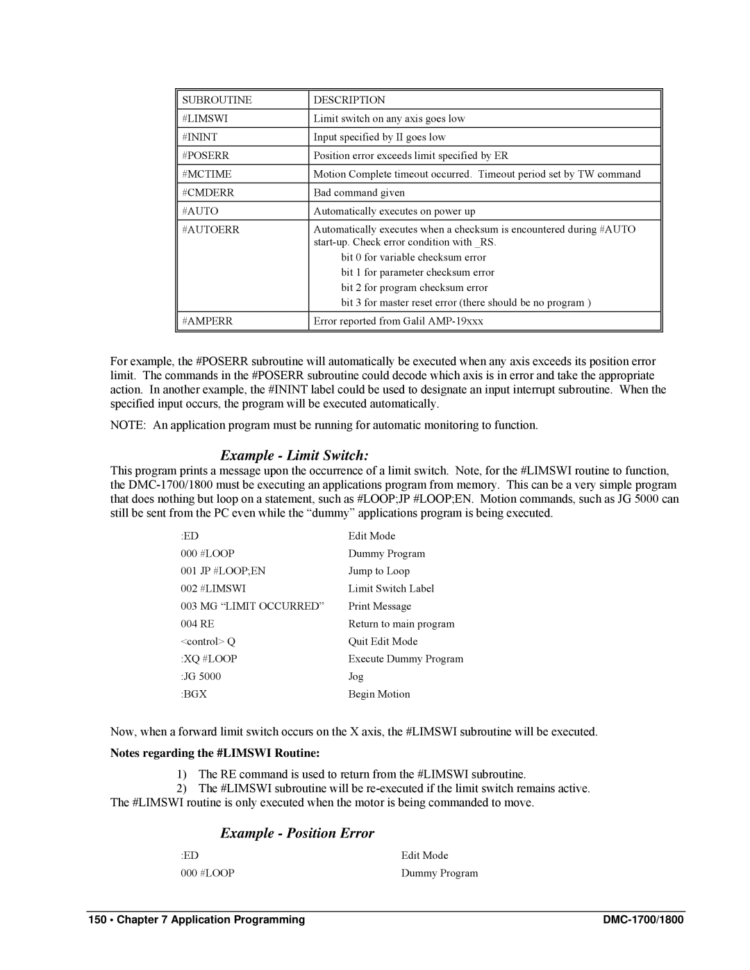 Galil DMC-1800, DMC-1700 user manual Example Limit Switch, Example Position Error 