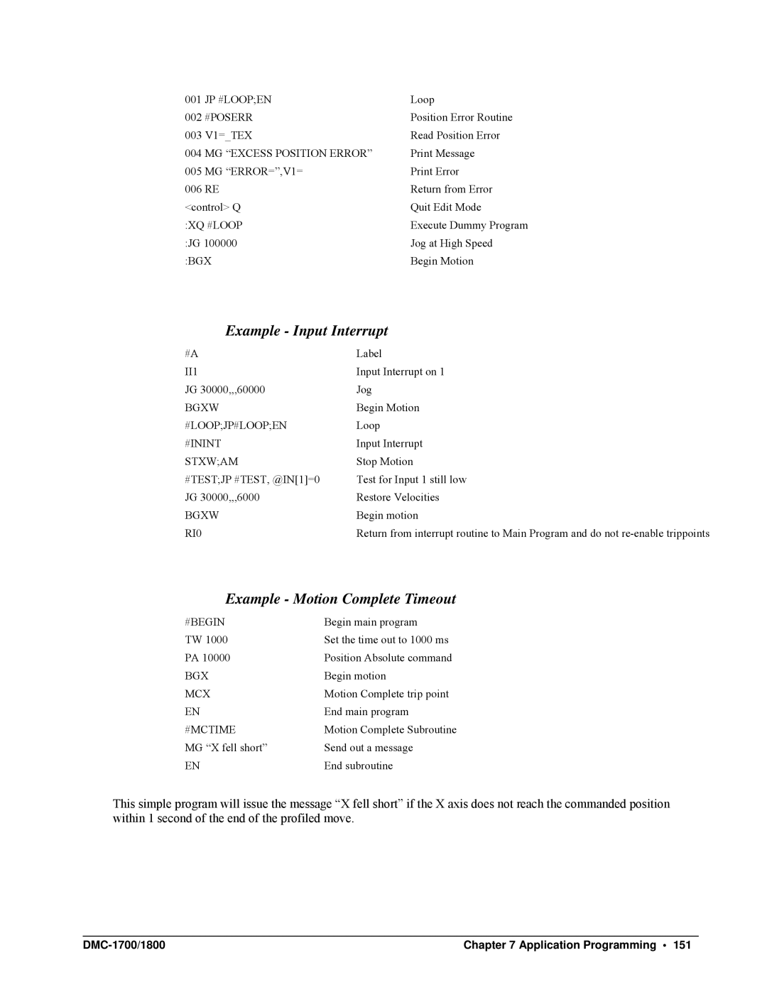 Galil DMC-1700, DMC-1800 user manual Example Input Interrupt, Example Motion Complete Timeout 