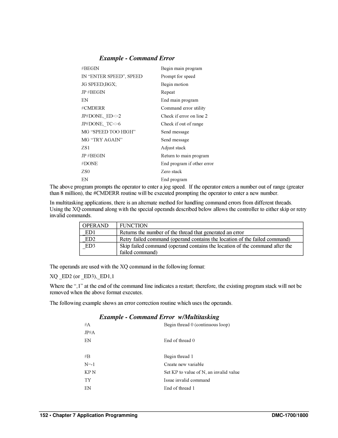 Galil DMC-1800, DMC-1700 user manual Example Command Error w/Multitasking 