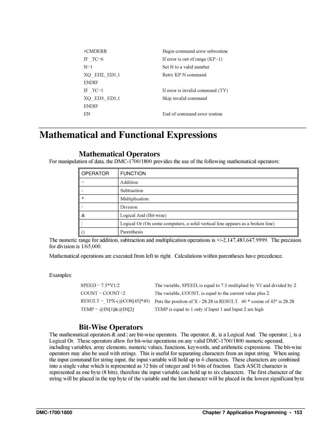 Galil DMC-1700, DMC-1800 user manual Mathematical and Functional Expressions, Mathematical Operators, Bit-Wise Operators 