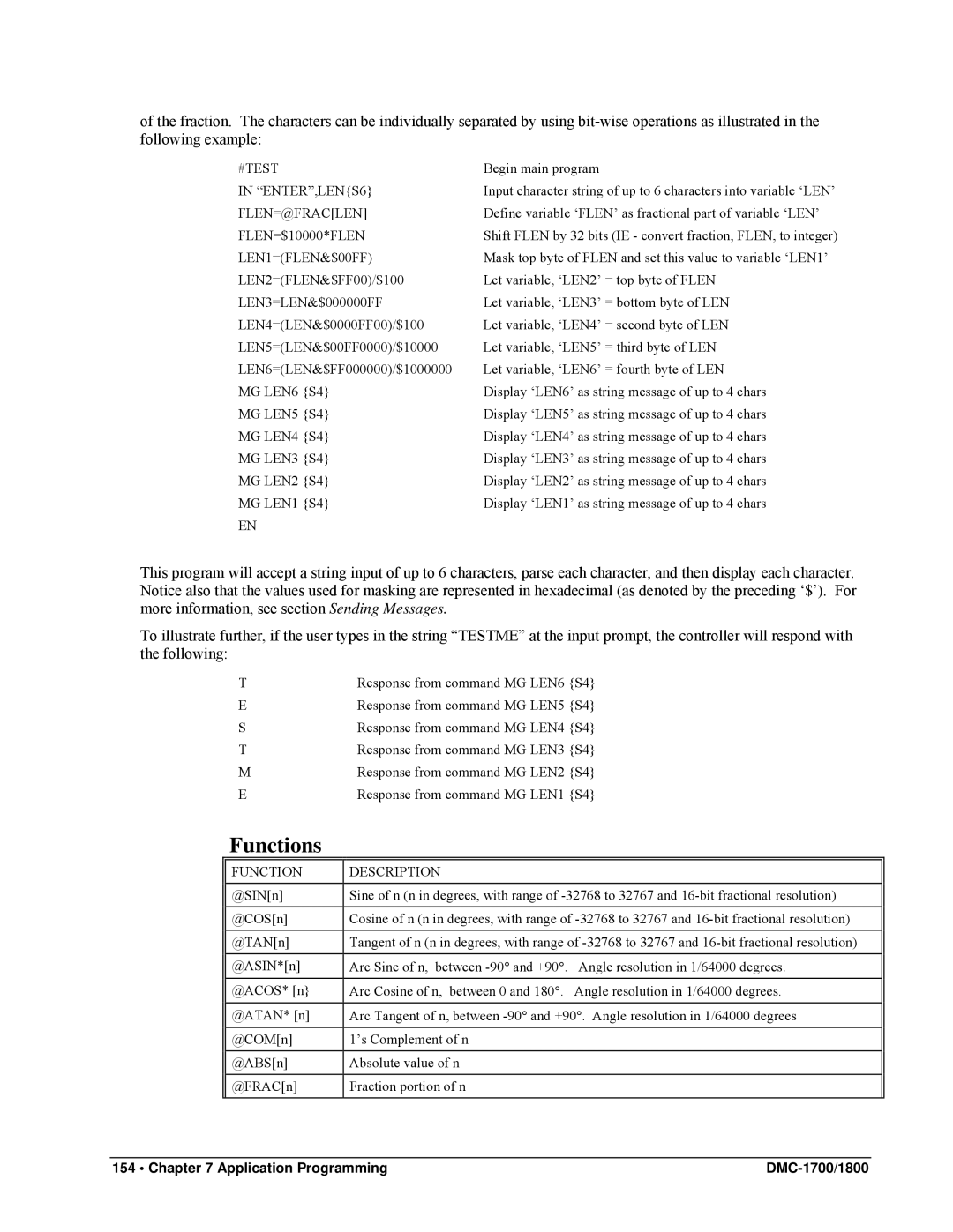 Galil DMC-1800, DMC-1700 user manual Functions, ENTER,LENS6, Flen=@Fraclen, LEN1=FLEN&$00FF 