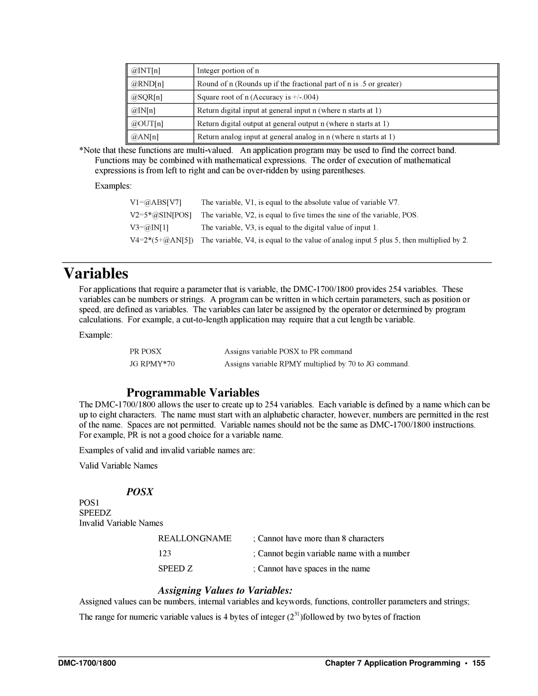 Galil DMC-1700, DMC-1800 user manual Programmable Variables, Assigning Values to Variables, PR Posx, JG RPMY*70 