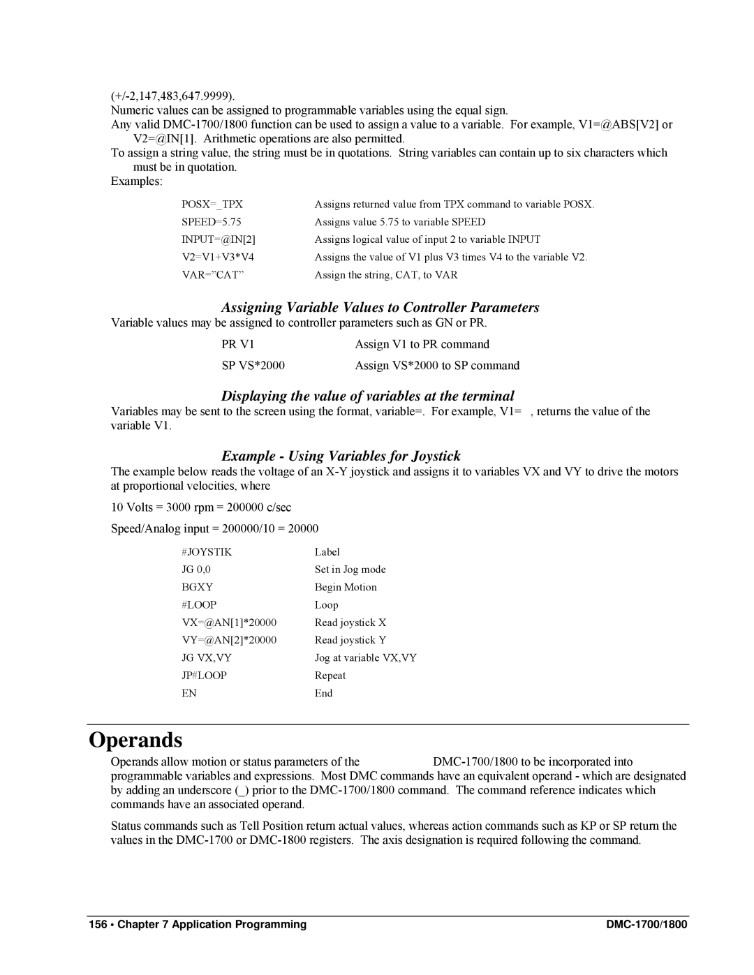 Galil DMC-1800 Operands, Assigning Variable Values to Controller Parameters, Example Using Variables for Joystick 