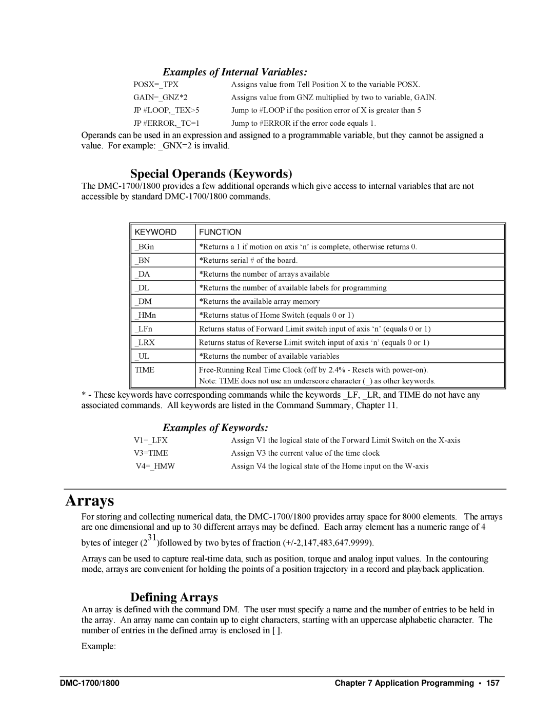 Galil DMC-1700 Special Operands Keywords, Defining Arrays, Examples of Internal Variables, Examples of Keywords 