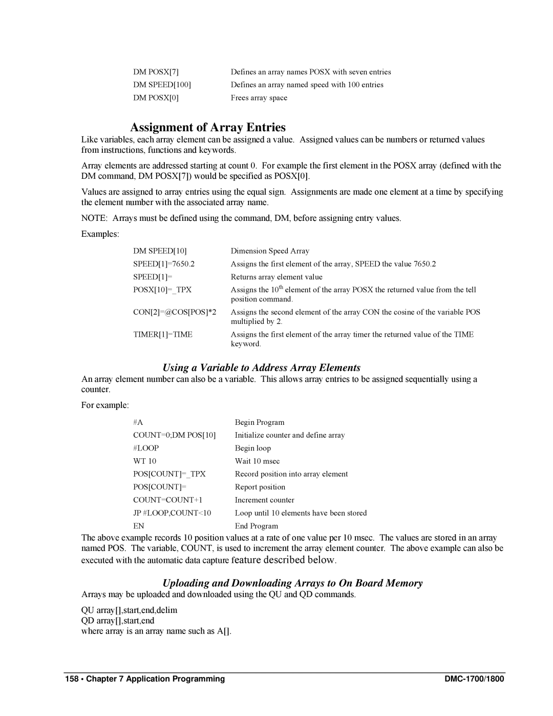 Galil DMC-1800, DMC-1700 user manual Assignment of Array Entries, Using a Variable to Address Array Elements 