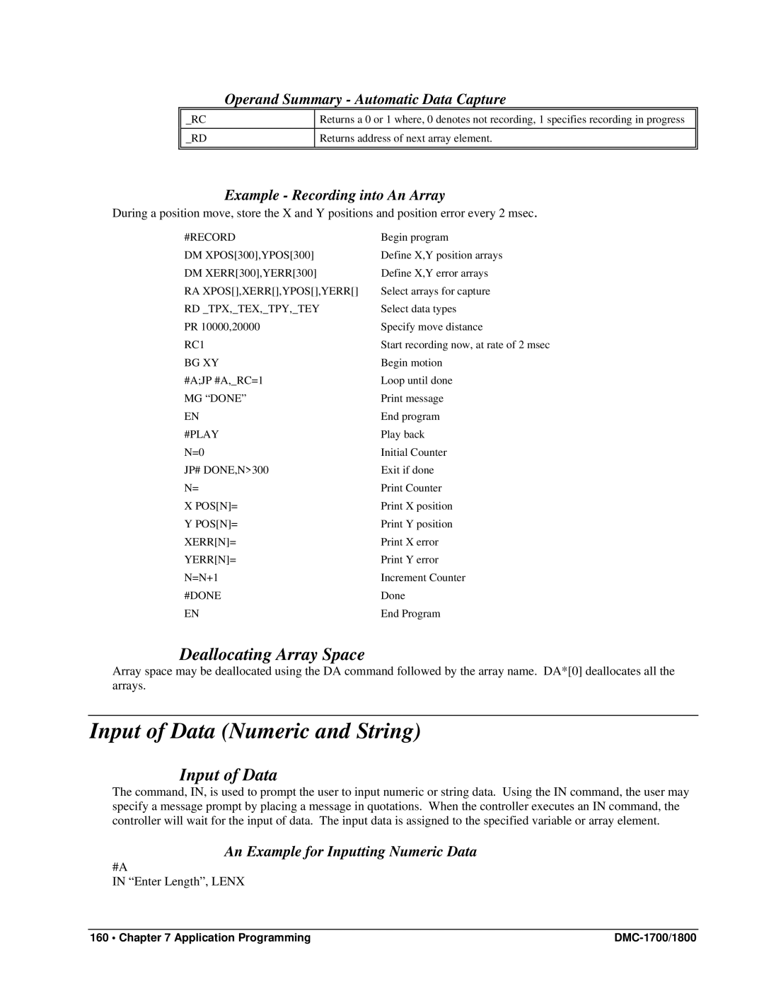 Galil DMC-1800, DMC-1700 user manual Input of Data Numeric and String, Deallocating Array Space 