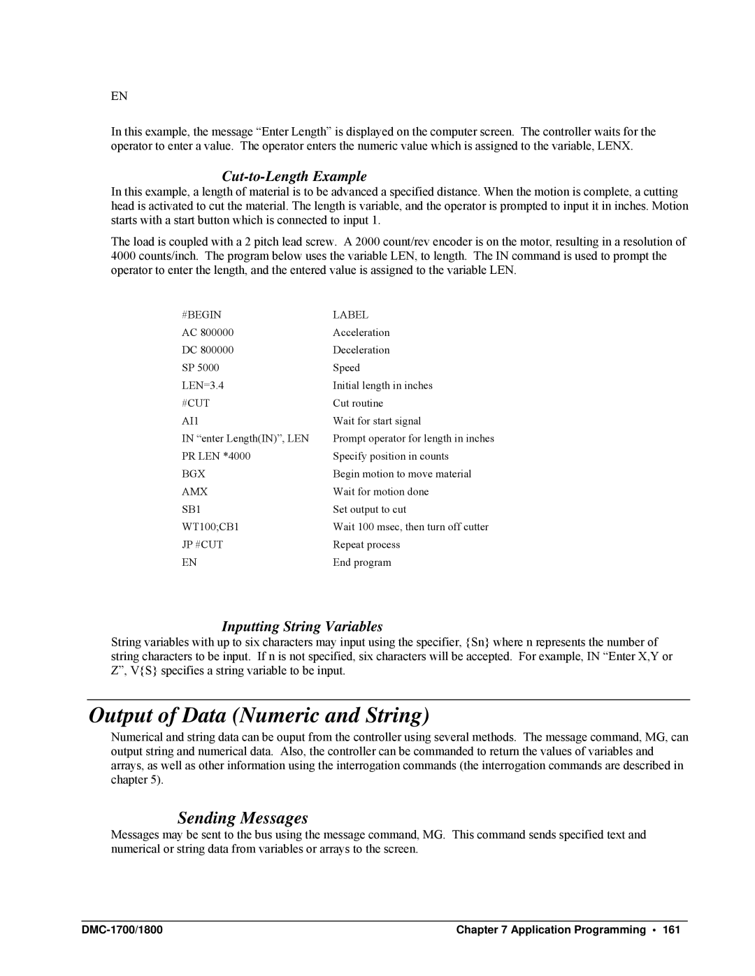 Galil DMC-1700 Output of Data Numeric and String, Sending Messages, Cut-to-Length Example, Inputting String Variables 