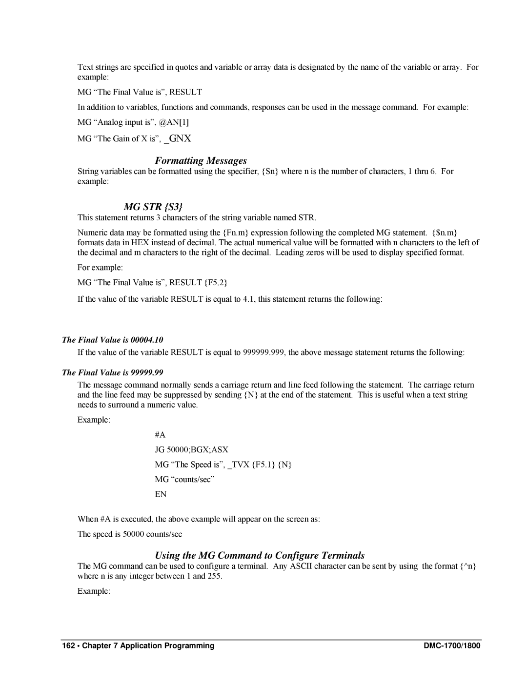 Galil DMC-1800, DMC-1700 user manual Formatting Messages, Using the MG Command to Configure Terminals, Final Value is 