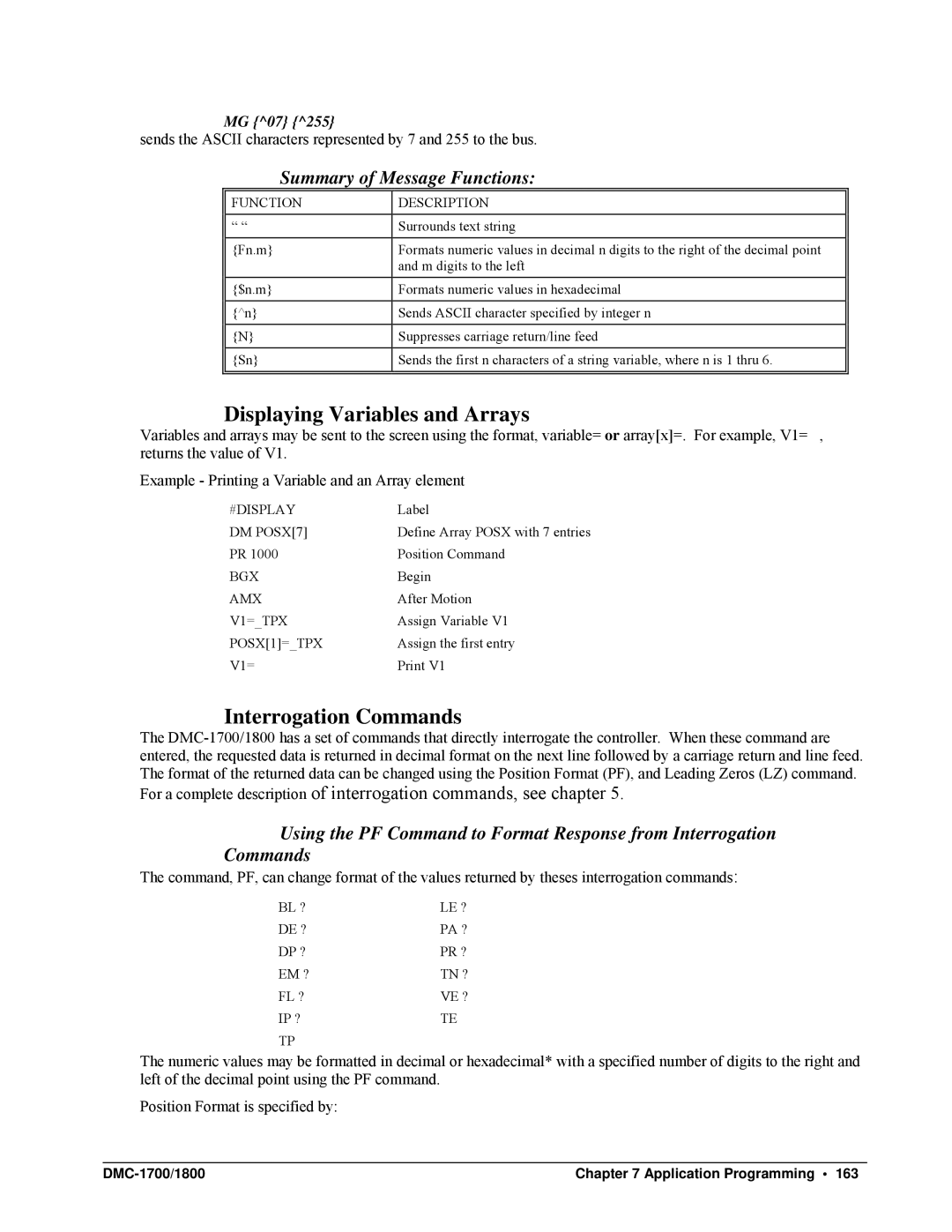 Galil DMC-1700, DMC-1800 user manual Displaying Variables and Arrays, Summary of Message Functions, MG 07 