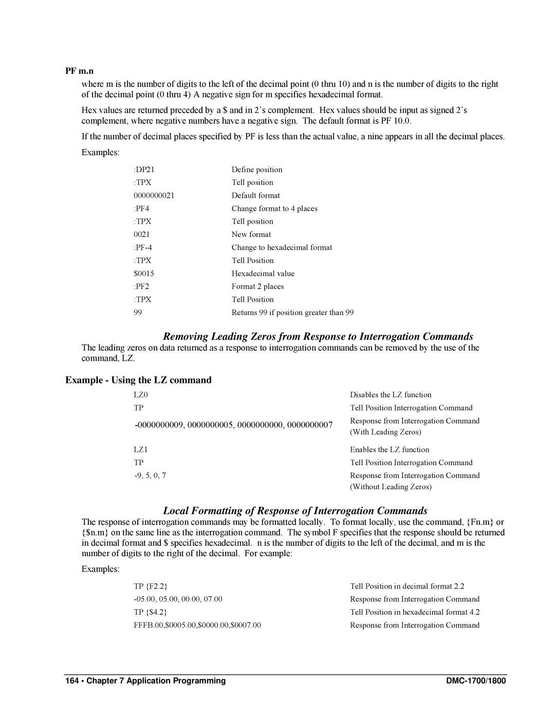 Galil DMC-1800, DMC-1700 user manual Local Formatting of Response of Interrogation Commands, PF m.n, LZ0, LZ1 