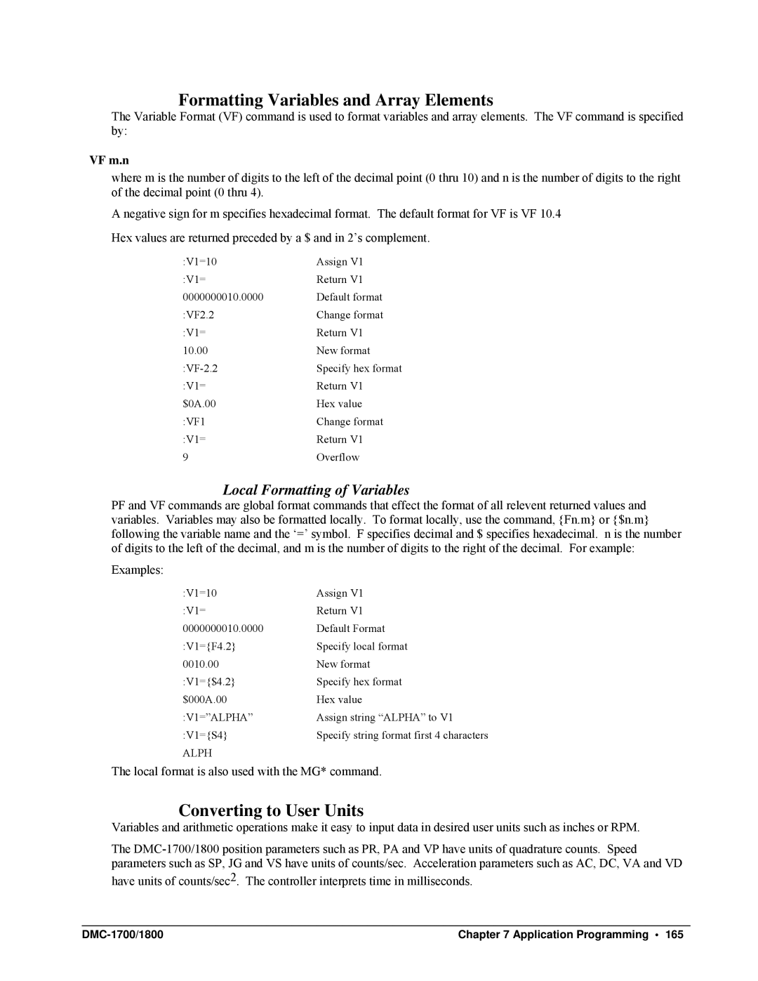 Galil DMC-1700 Formatting Variables and Array Elements, Converting to User Units, Local Formatting of Variables, VF m.n 