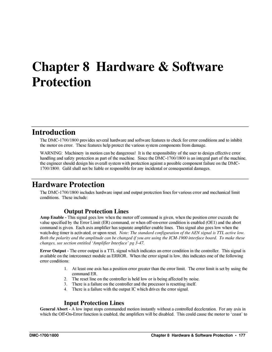 Galil DMC-1700, DMC-1800 user manual Hardware Protection, Output Protection Lines, Input Protection Lines 