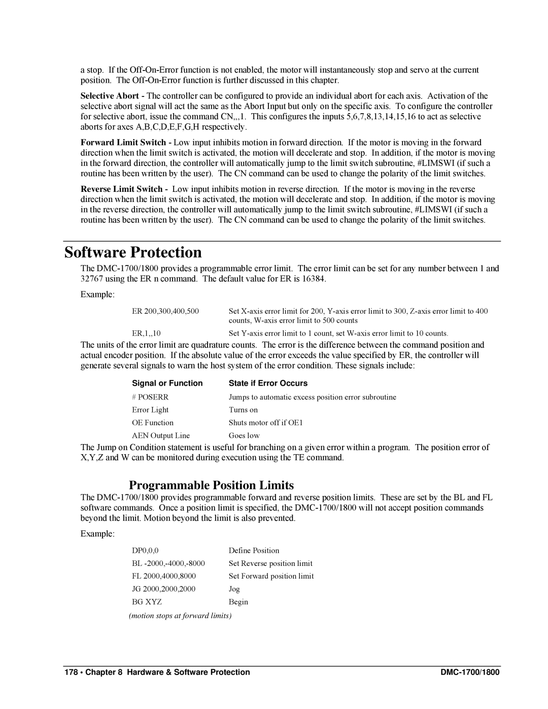 Galil DMC-1800 Software Protection, Programmable Position Limits, Signal or Function State if Error Occurs, # Poserr 