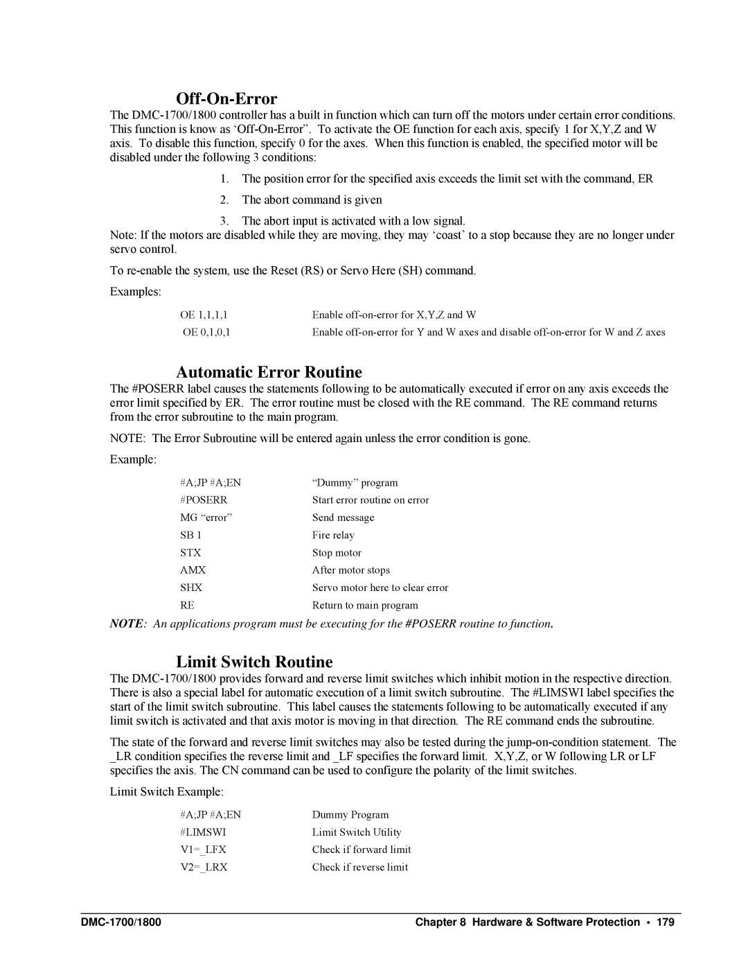 Galil DMC-1700, DMC-1800 user manual Off-On-Error, Automatic Error Routine, Limit Switch Routine, #Ajp #Aen, V2=LRX 