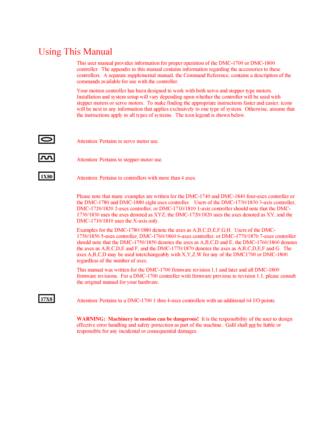 Galil DMC-1800, DMC-1700 user manual Using This Manual, 1X80 17X8 