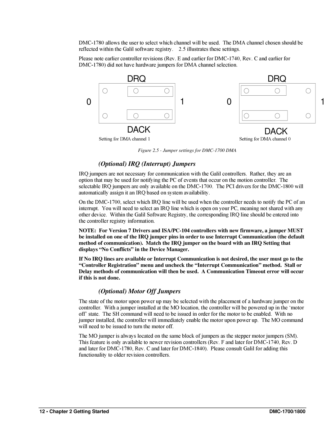 Galil DMC-1800, DMC-1700 user manual Optional IRQ Interrupt Jumpers, Optional Motor Off Jumpers 